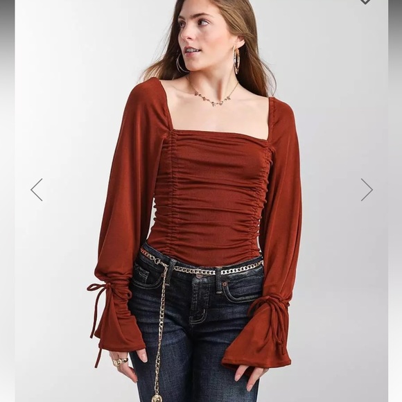 Free People Intimately Meant To Be Ruched Top Bell Sleeve in Cherry Chai -size M - Picture 2 of 13